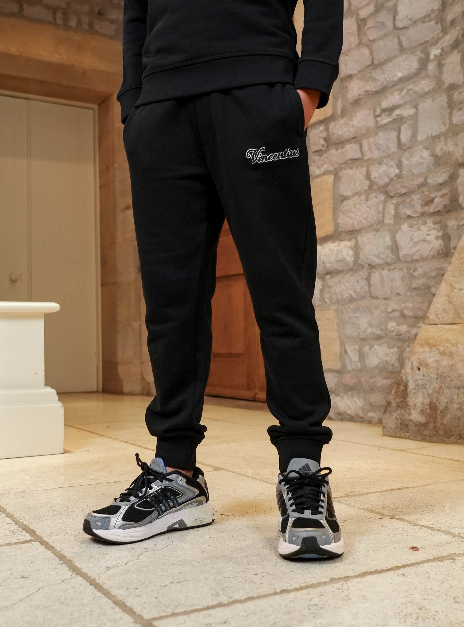 Boy's Loopback Script Crew Neck Tracksuit - Black - Vincentius