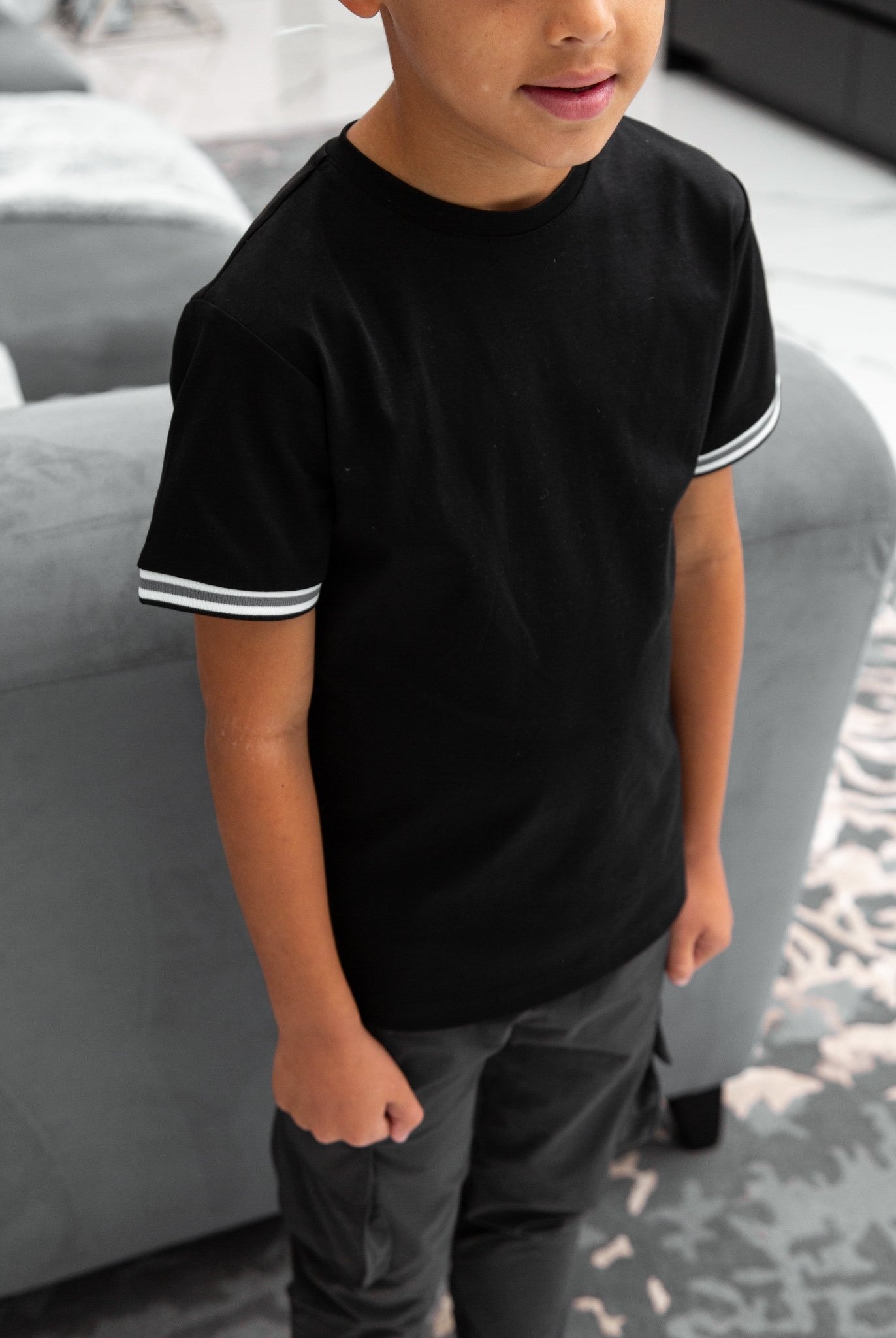 Boys Ribbed Cuff Black T Shirt - Vincentius