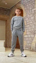 Boy's Loopback Script Crew Neck Tracksuit - Grey Marl - Vincentius