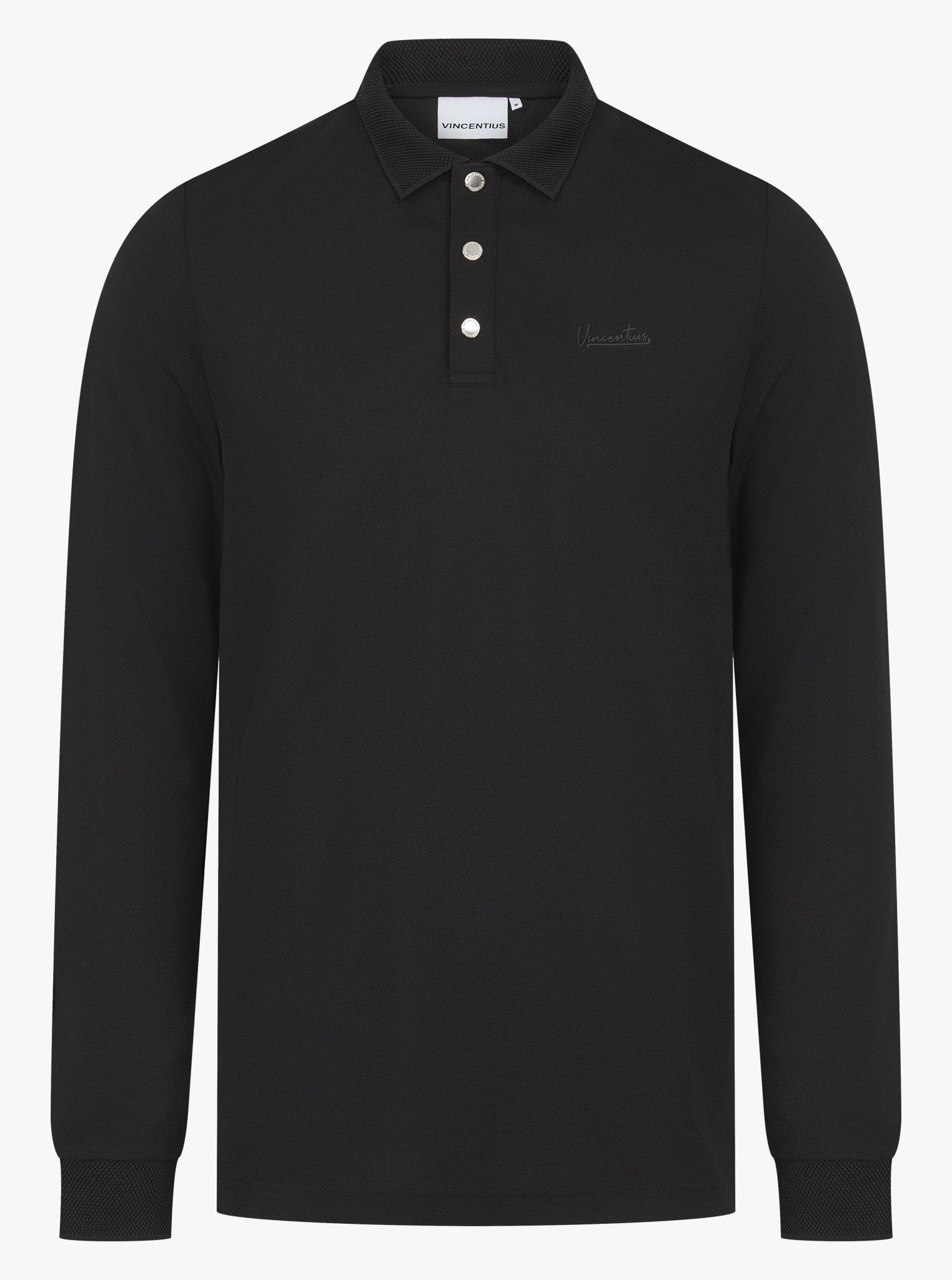 Luxury Long Sleeve Pique Logo Polo - Black - Vincentius